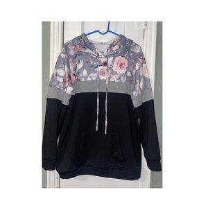 Source Unknown Black Hoodie with Gray and Pink Floral Panel